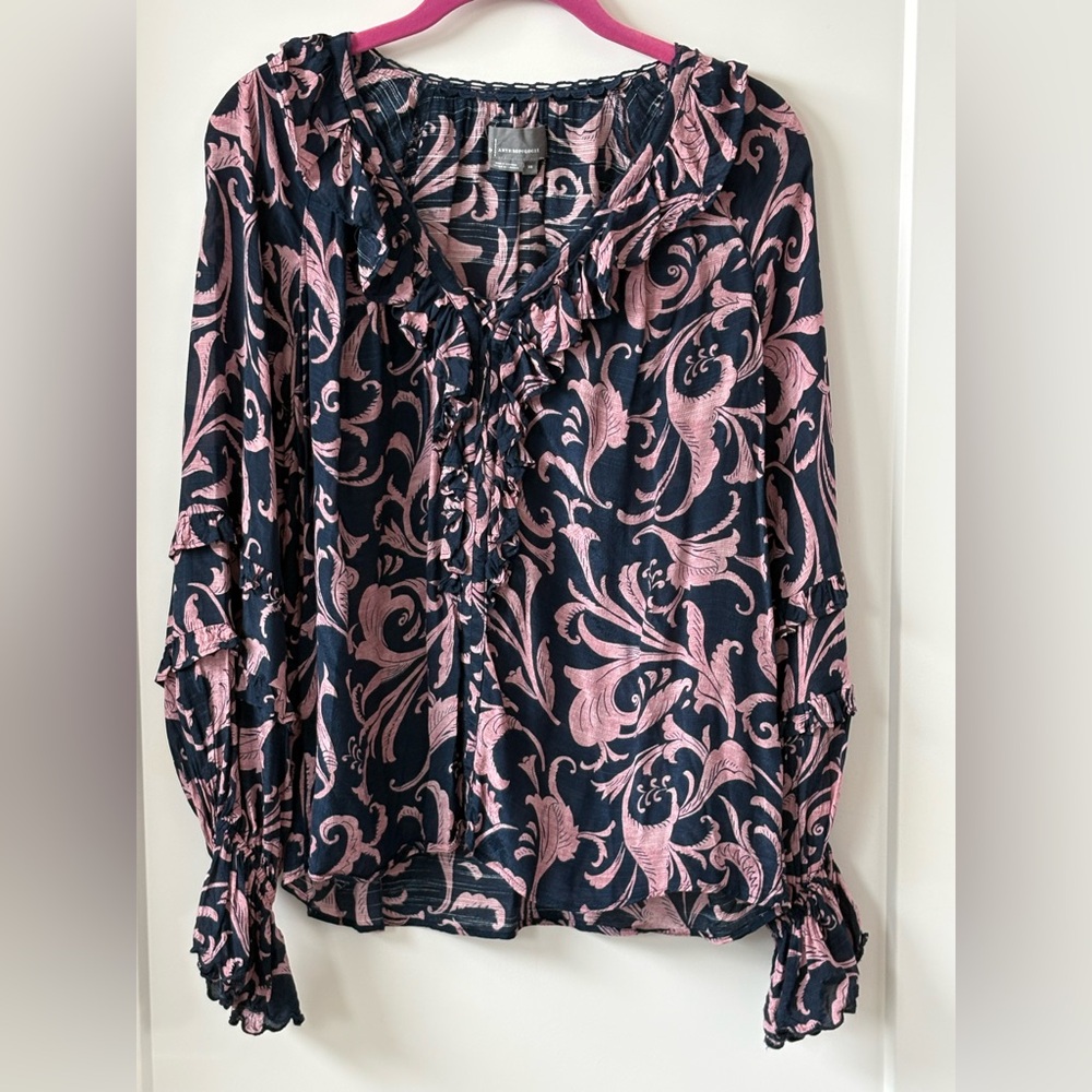 Anthropologie Navy and Pink Patterned Blouse
